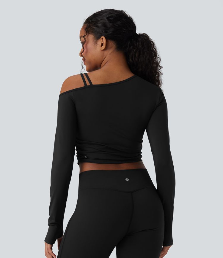SoftlyZero™ Airy One Shoulder Long Sleeve Thumb Holes Ruched Cool Touch Yoga SportsTop-UPF50+