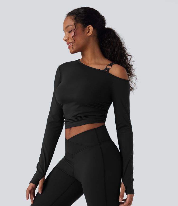 SoftlyZero™ Airy One Shoulder Long Sleeve Thumb Holes Ruched Cool Touch Yoga SportsTop-UPF50+