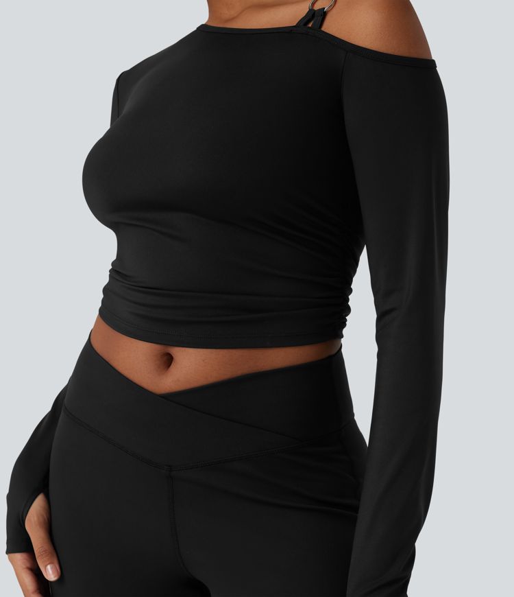 SoftlyZero™ Airy One Shoulder Long Sleeve Thumb Holes Ruched  Yoga SportsTop-UPF50+