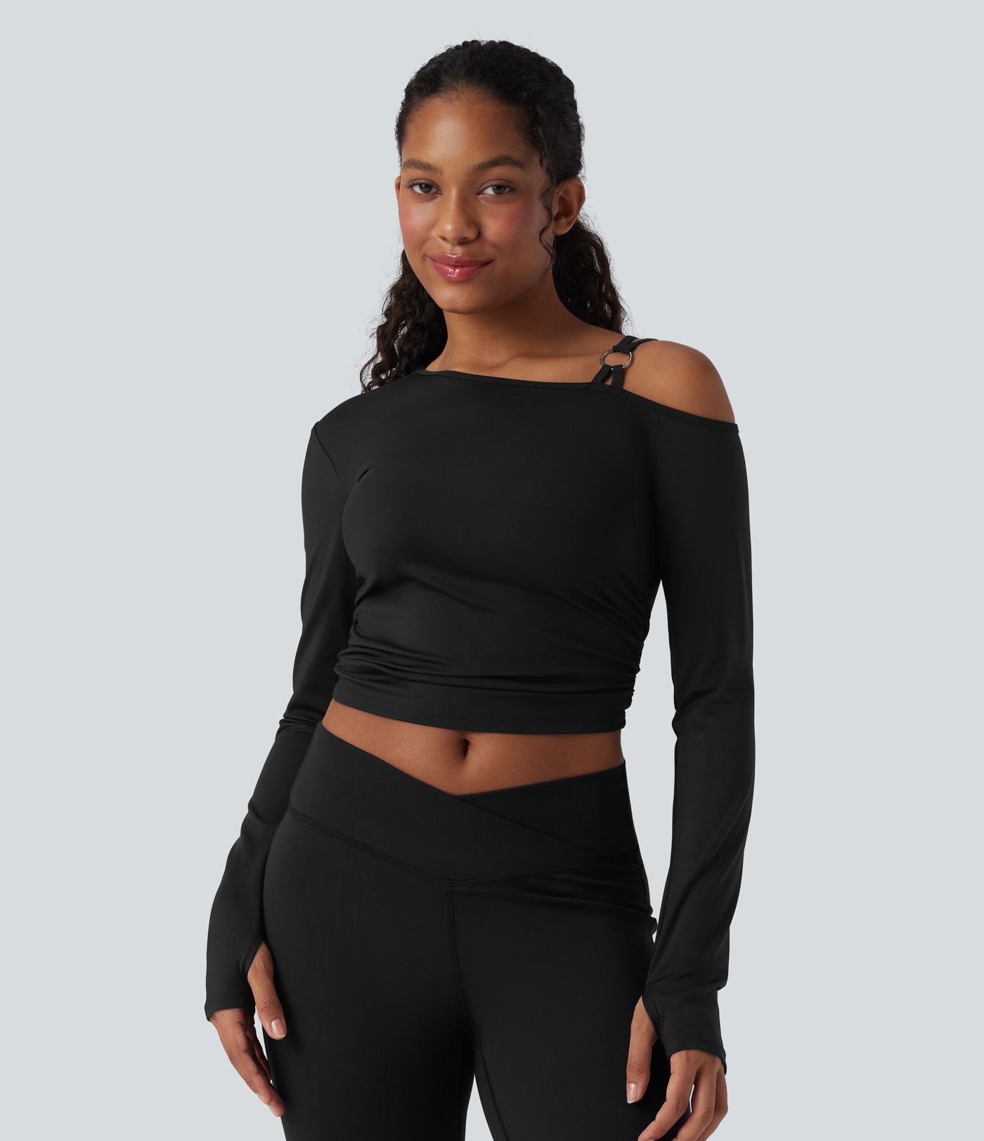 Haut de sport yoga SoftlyZero™ Airy une épaule manches longues avec trous pouces froncé toucher frais-UPF50+