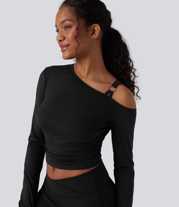SoftlyZero™ Airy One Shoulder Long Sleeve Thumb Holes Ruched Cool Touch Yoga SportsTop-UPF50+