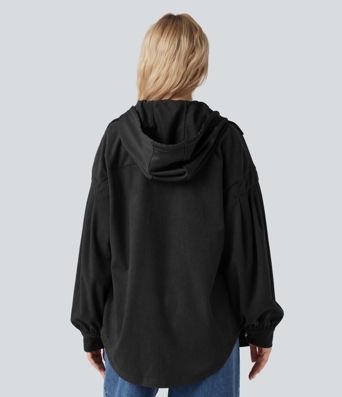 Hooded Drawstring Long Sleeve Corduroy Casual Jacket with Pockets
