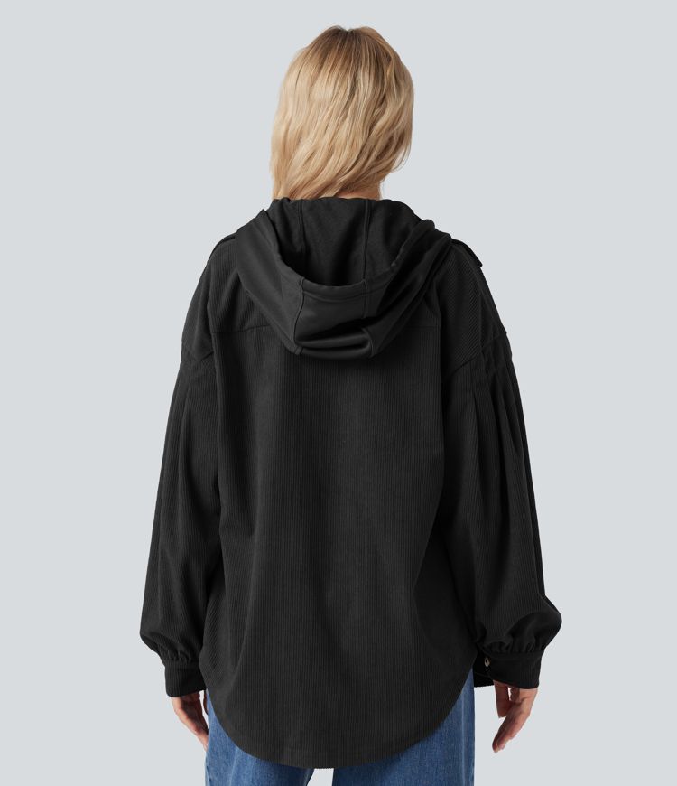 Hooded Drawstring Long Sleeve Corduroy Casual Jacket with Pockets