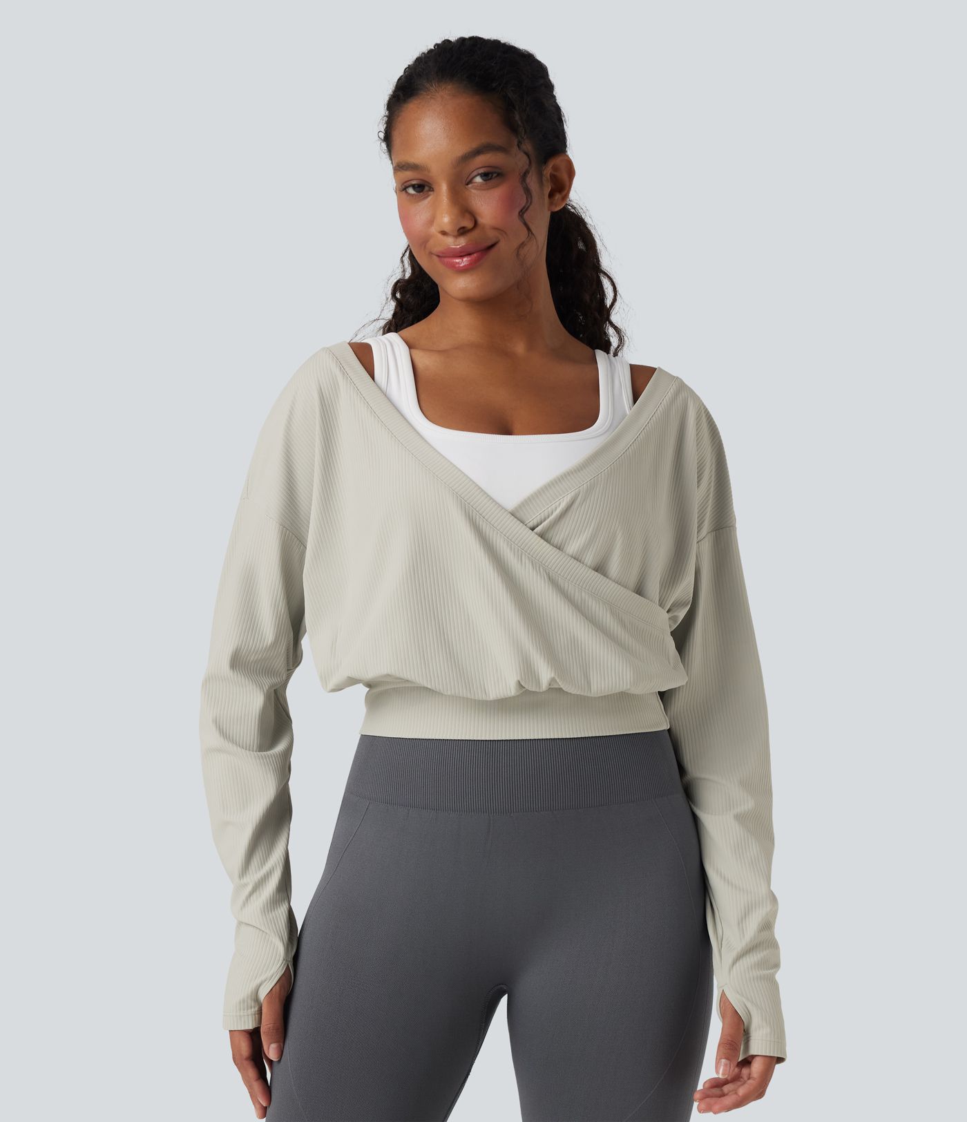 Ribbed V-neck Crossover Thumb Holes Yoga Sports Top
