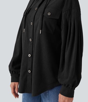 Hooded Drawstring Long Sleeve Corduroy Casual Jacket with Pockets