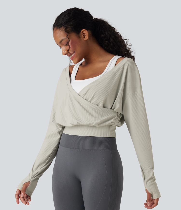 Ribbed V-neck Crossover Thumb Holes Yoga Sports Top