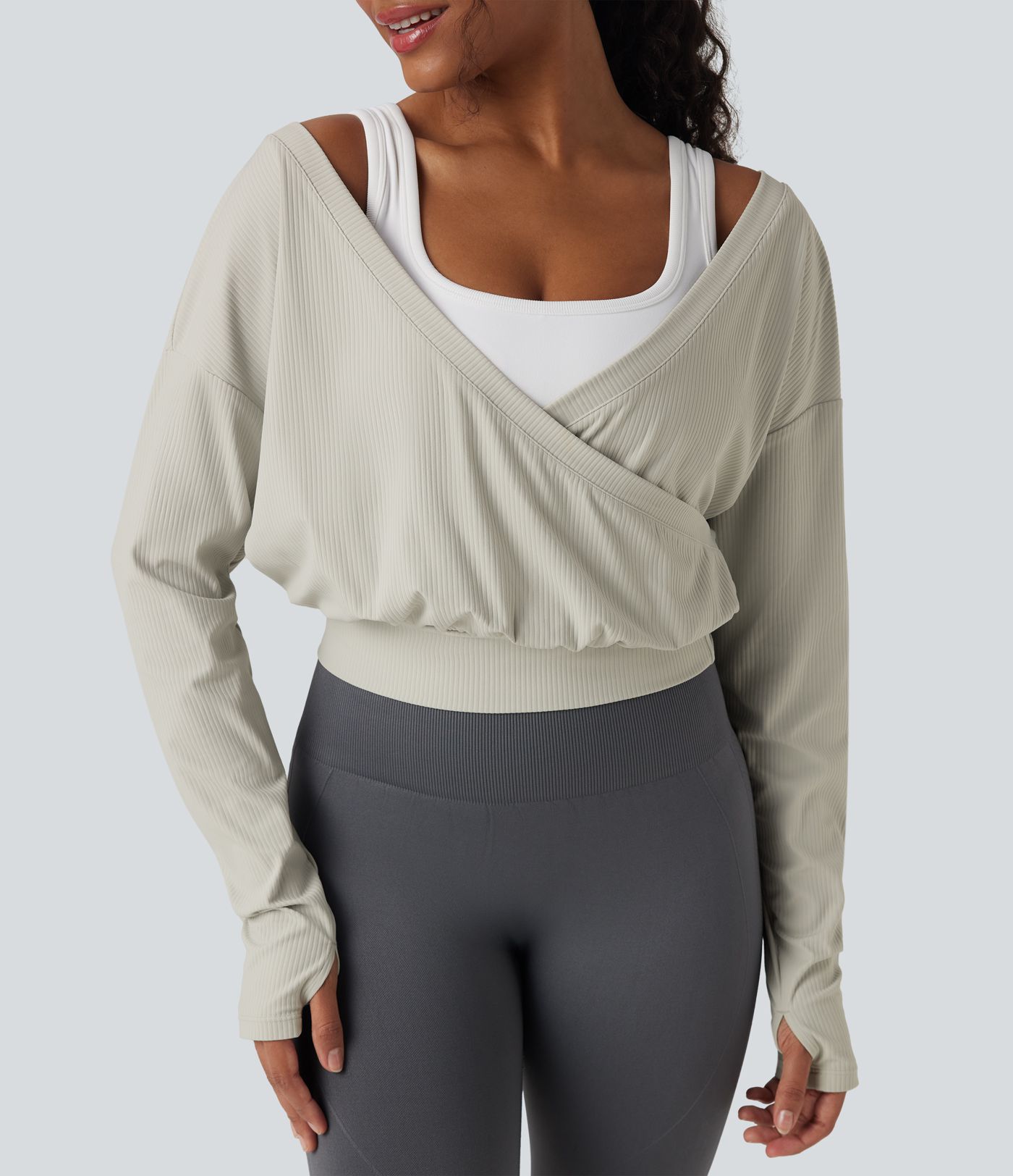 Ribbed V-neck Crossover Thumb Holes Yoga Sports Top