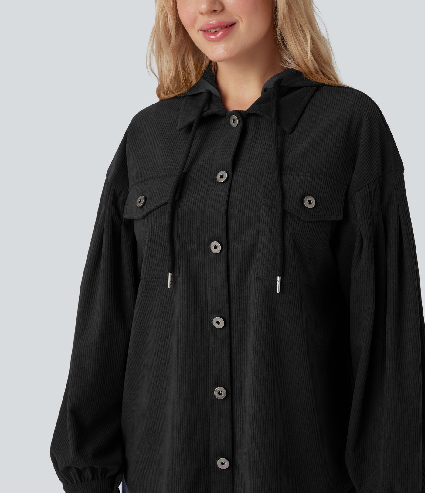 Hooded Drawstring Long Sleeve Corduroy Casual Jacket with Pockets