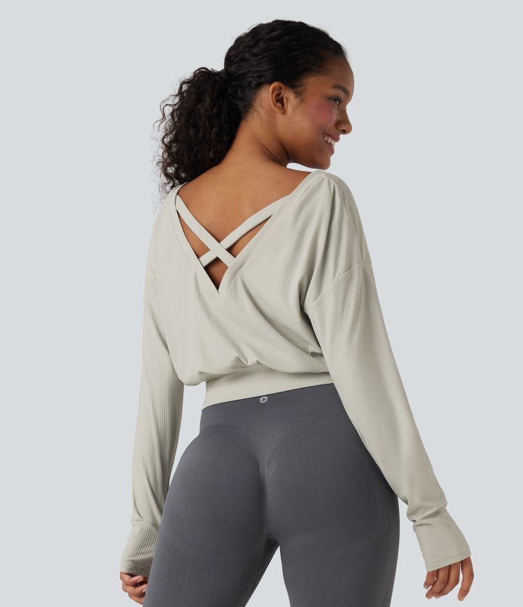 Ribbed V-neck Crossover Thumb Holes Yoga Sports Top