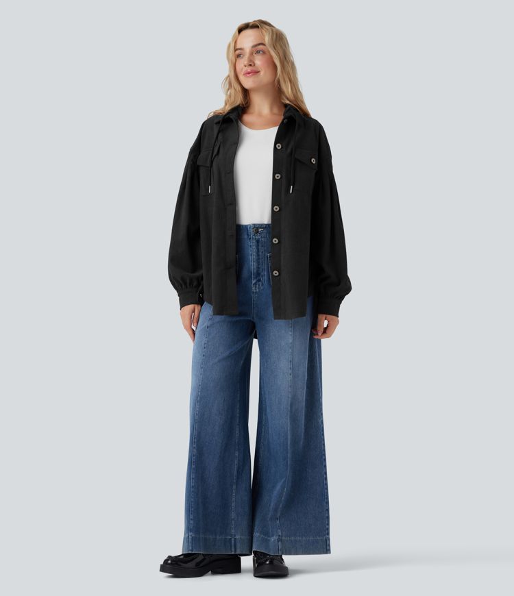 Hooded Drawstring Long Sleeve Corduroy Casual Jacket with Pockets