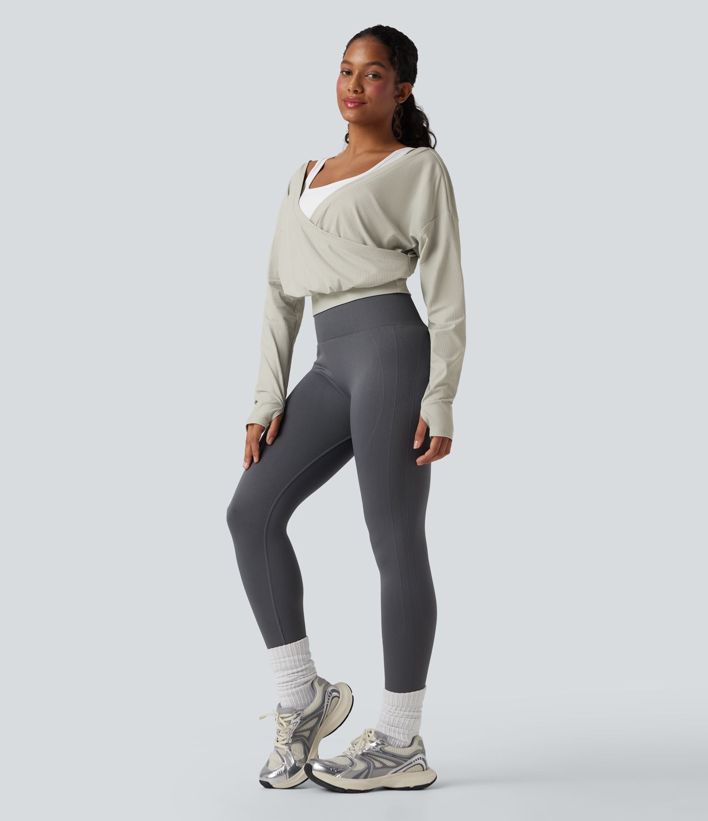 Ribbed V-neck Crossover Thumb Holes Yoga Sports Top