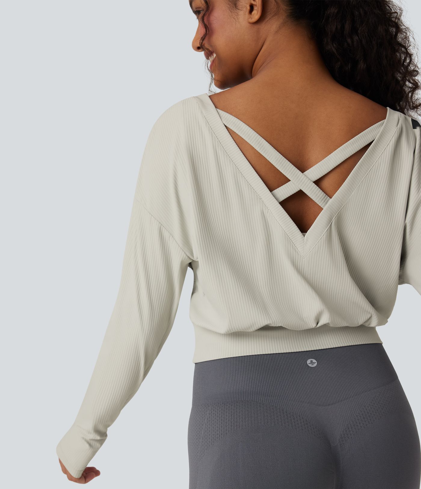 Ribbed V-neck Crossover Thumb Holes Yoga Sports Top