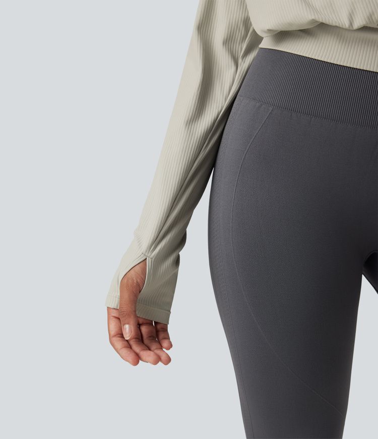 Ribbed V-neck Crossover Thumb Holes Yoga Sports Top