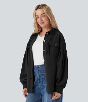 Hooded Drawstring Long Sleeve Corduroy Casual Jacket with Pockets
