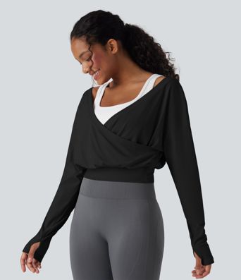 Ribbed V-neck Crossover Thumb Holes Yoga Sports Top