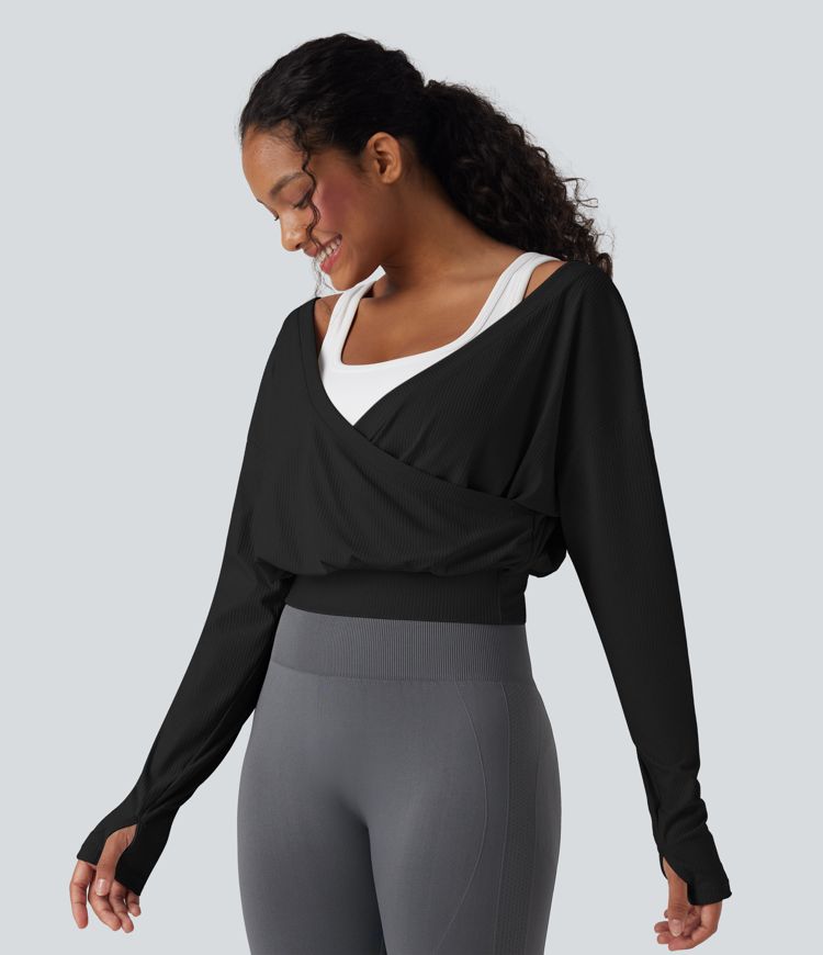 Ribbed V-neck Crossover Thumb Holes Yoga Sports Top