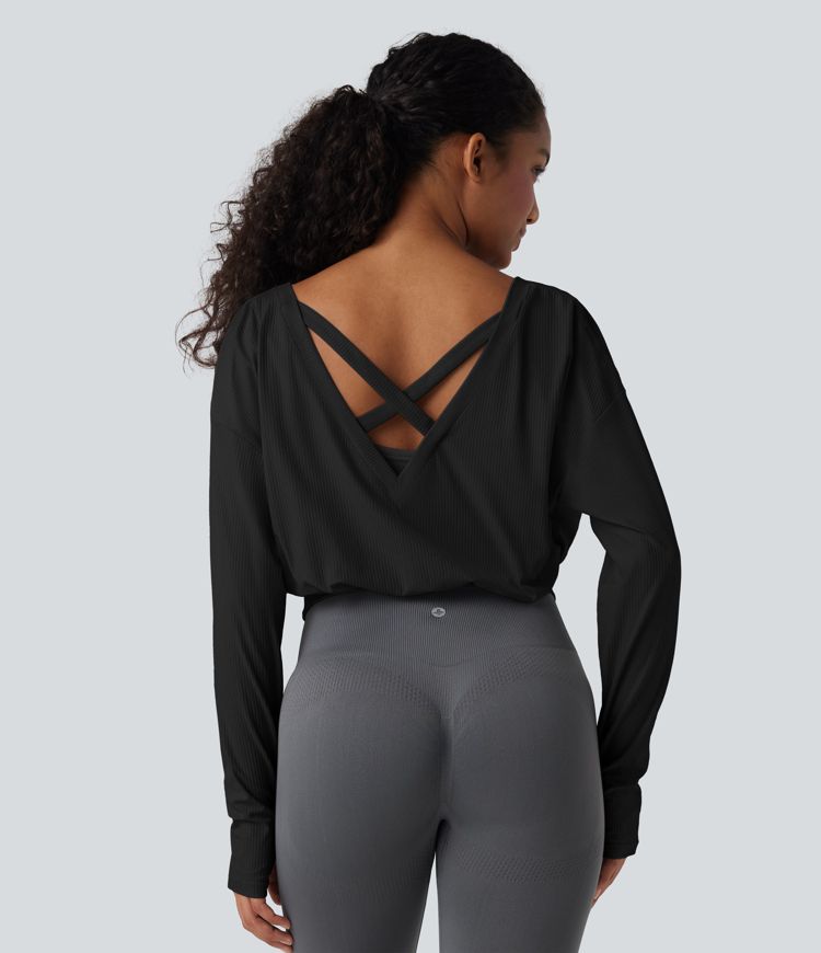 Ribbed V-neck Crossover Thumb Holes Yoga Sports Top