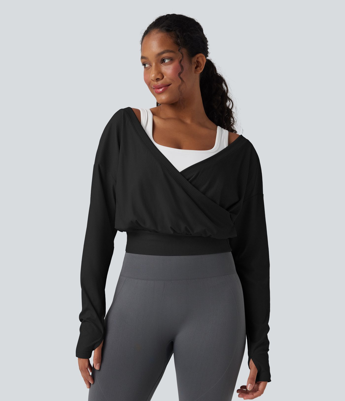 Ribbed V-neck Crossover Thumb Holes Yoga Sports Top