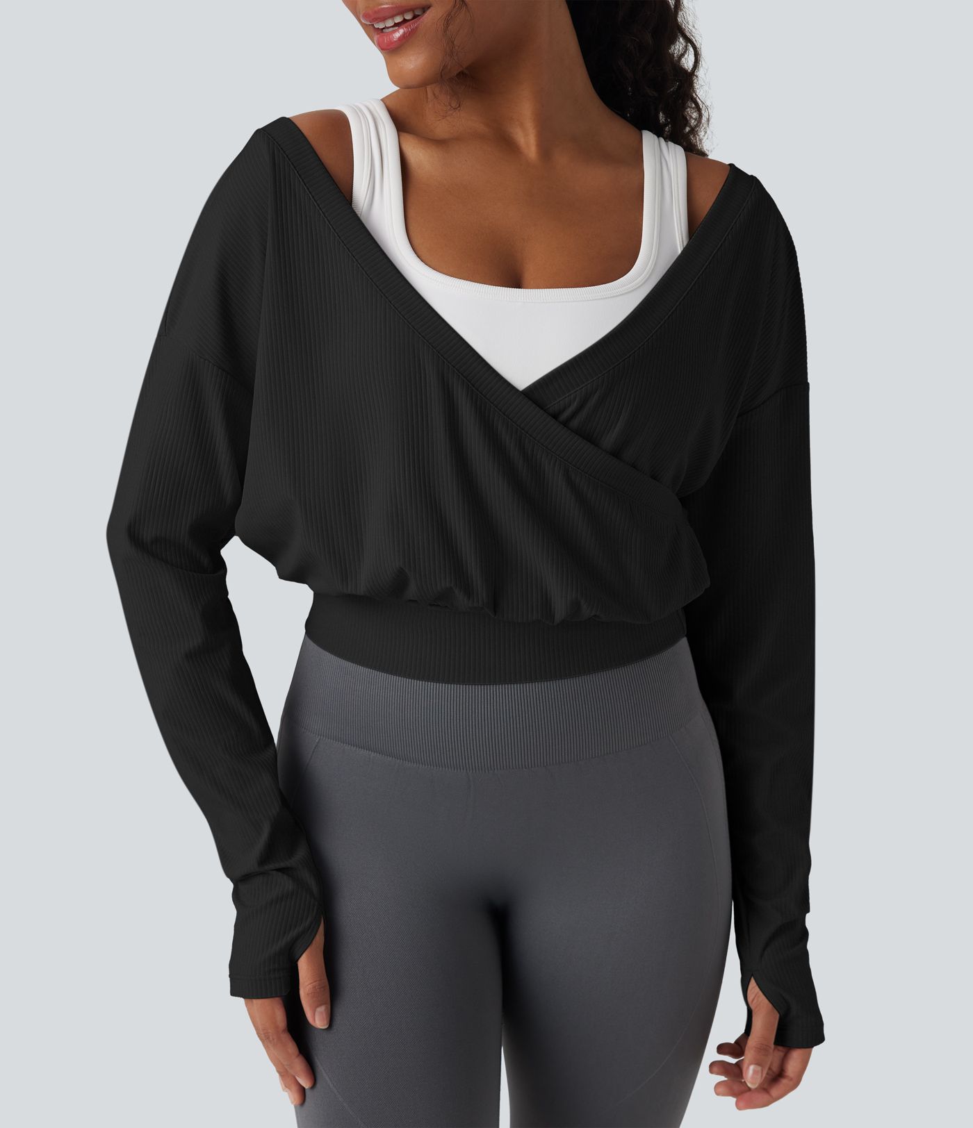 Ribbed V-neck Crossover Thumb Holes Yoga Sports Top