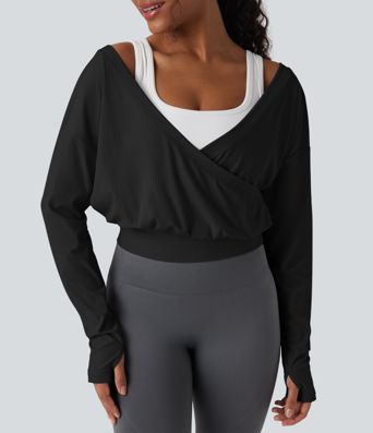 Ribbed V-neck Crossover Thumb Holes Yoga Sports Top