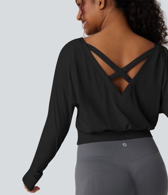 Ribbed V-neck Crossover Thumb Holes Yoga Sports Top