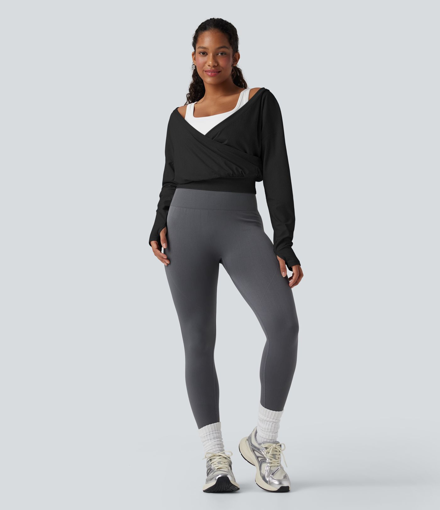 Ribbed V-neck Crossover Thumb Holes Yoga Sports Top