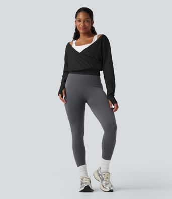 Ribbed V-neck Crossover Thumb Holes Yoga Sports Top