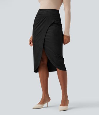 High Waisted Suede Tulip Hem Midi Casual Skirt