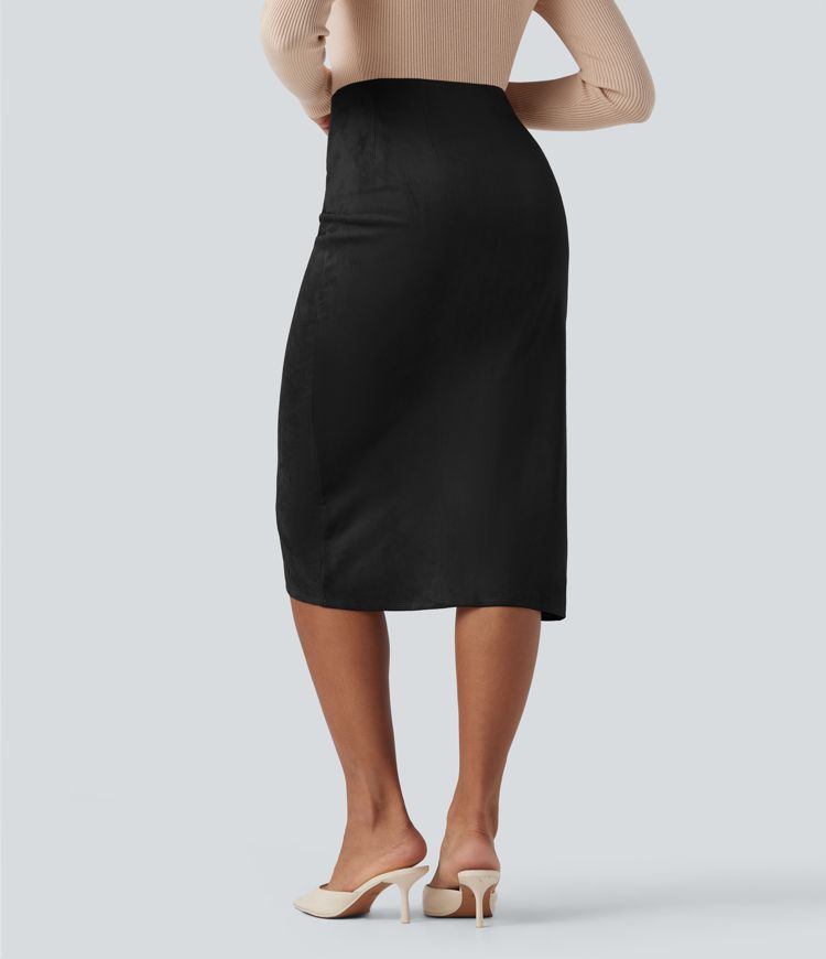 High Waisted Suede Tulip Hem Midi Casual Skirt