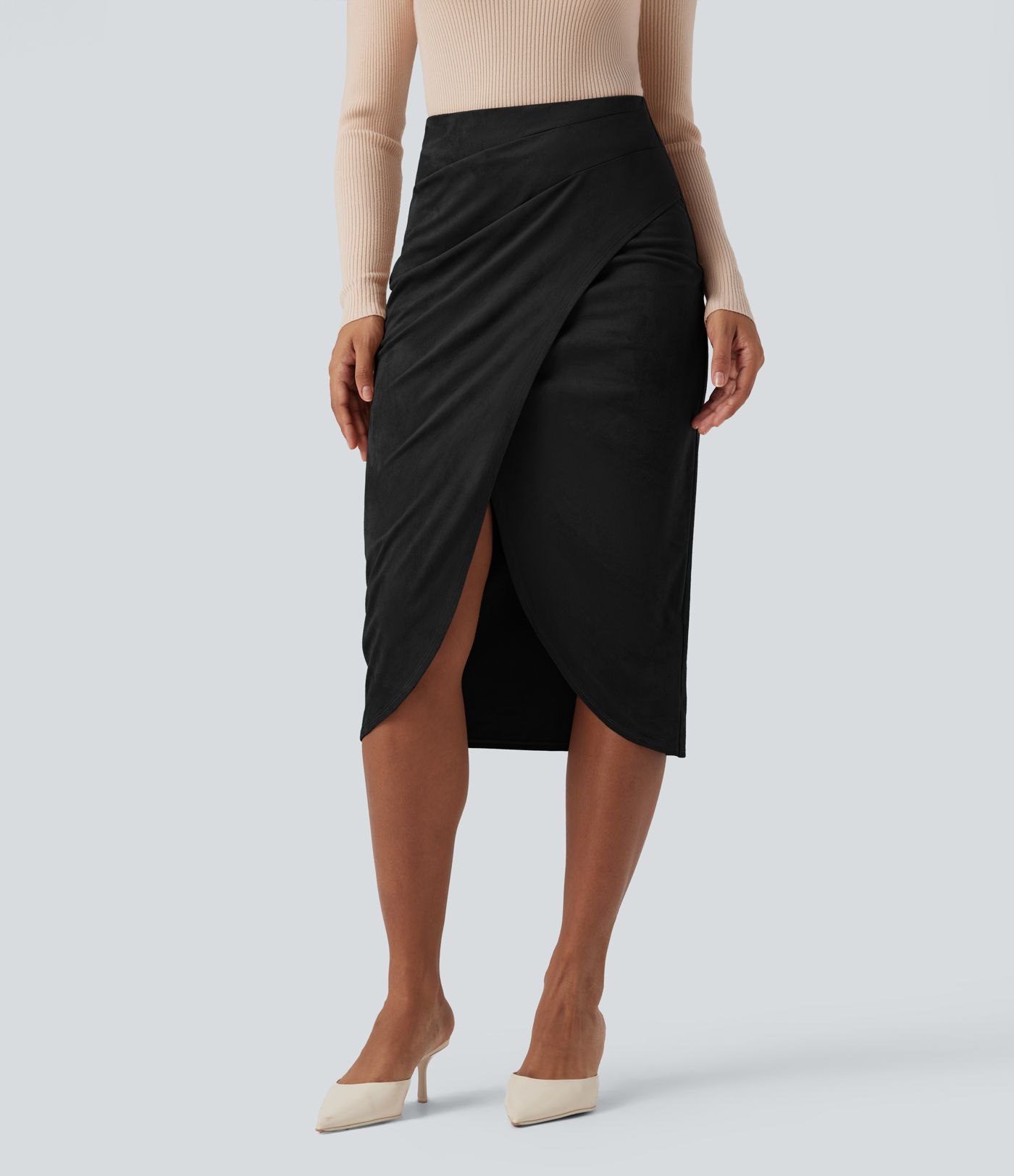High Waisted Suede Tulip Hem Midi Casual Skirt