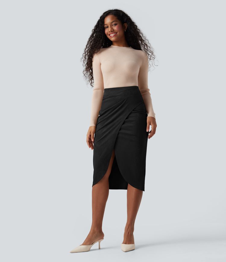 High Waisted Suede Tulip Hem Midi Casual Skirt