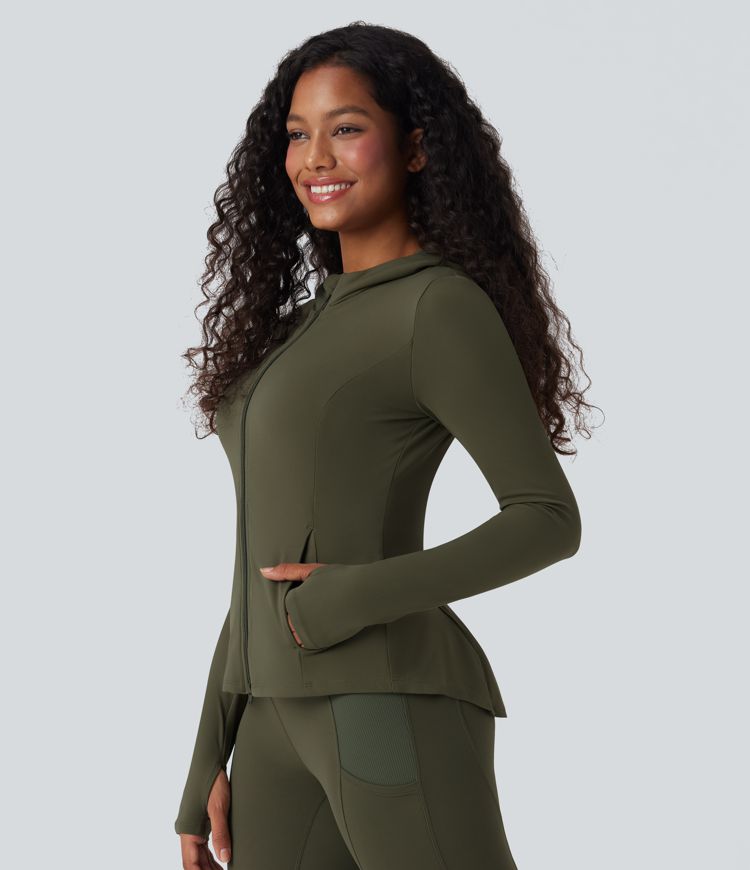 SoftlyZero™ Hooded Long Sleeve Thumb Hole Pleated Jacket with Pockets-UPF50+