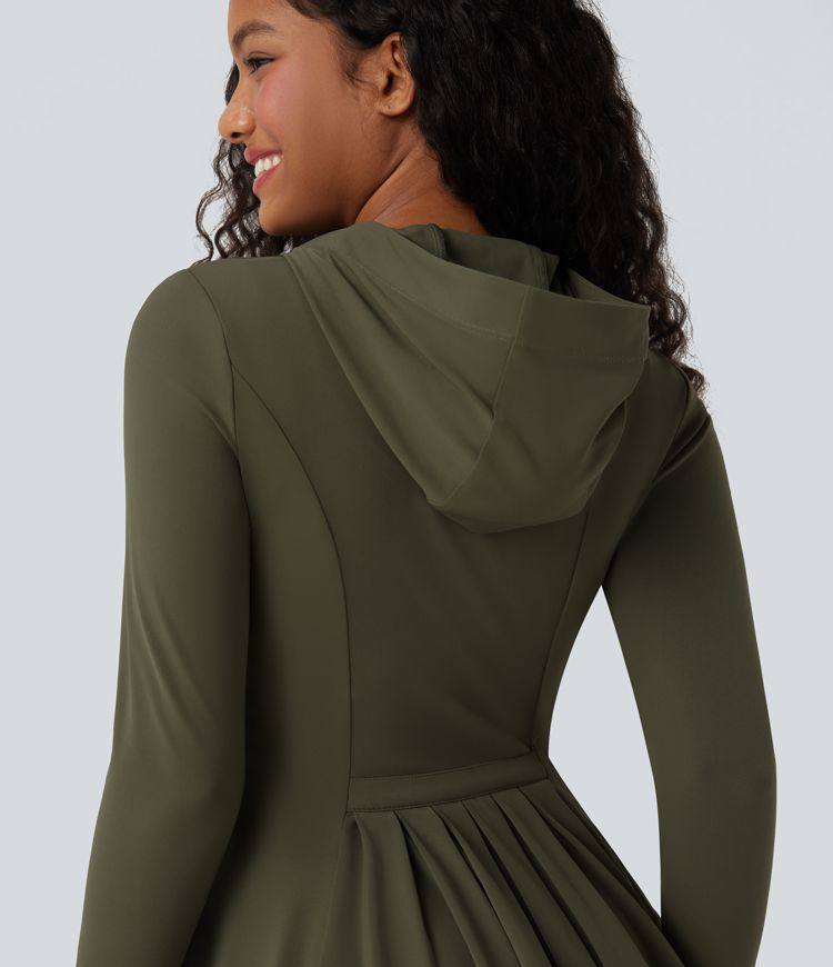 SoftlyZero™ Hooded Long Sleeve Thumb Hole Pleated Jacket with Pockets-UPF50+