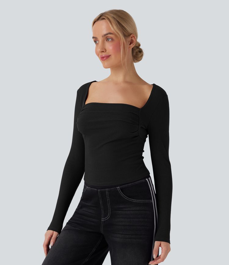 Square Neck Long Sleeve Ruched Casual Top