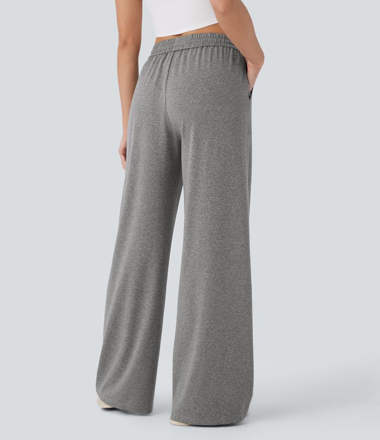 High Waisted Drawstring Side Pocket Wide Leg Casual Pants