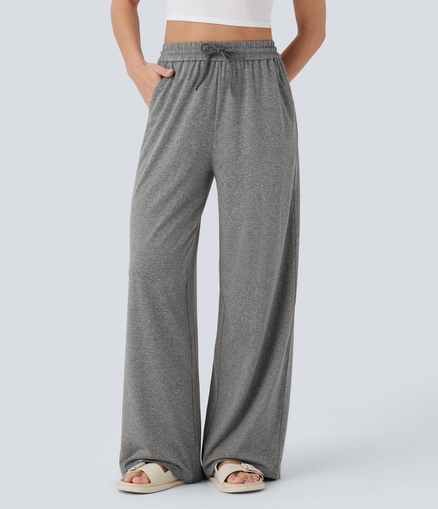 Pantalon large décontracté taille haute avec cordon de serrage et poches latérales Pantalon large décontracté taille haute avec cordon de serrage et poches latérales