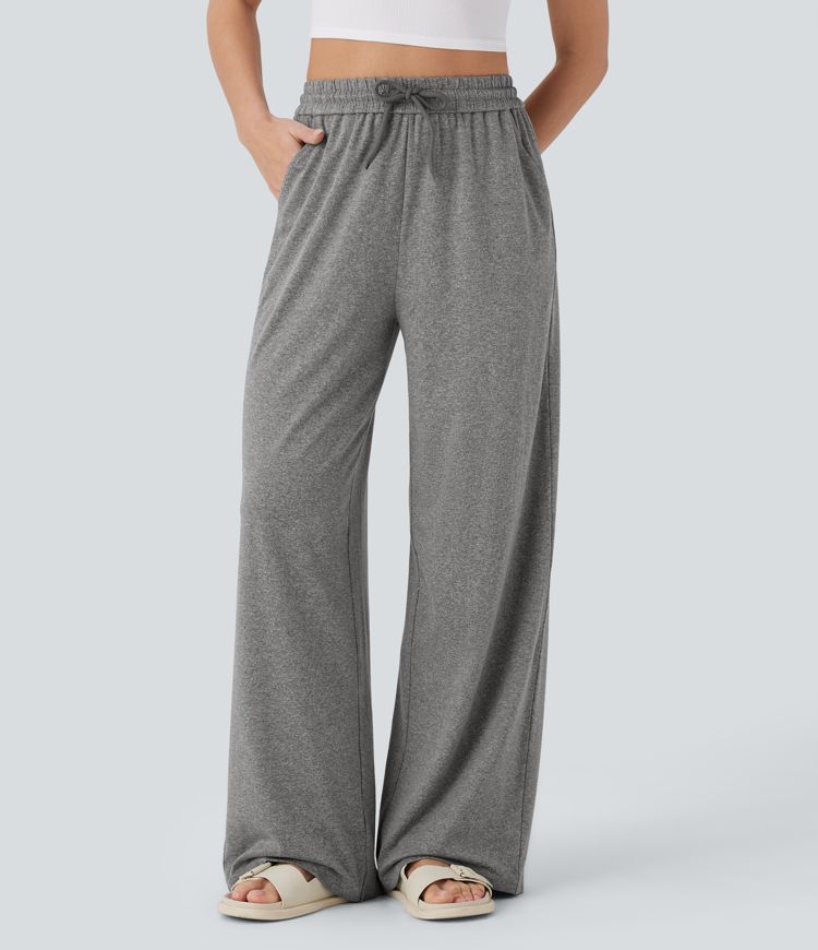 Pantalon large décontracté taille haute avec cordon de serrage et poches latérales Pantalon large décontracté taille haute avec cordon de serrage et poches latérales