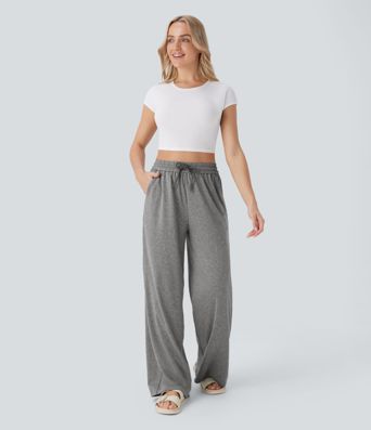 Pantalon large décontracté taille haute avec cordon de serrage et poches latérales Pantalon large décontracté taille haute avec cordon de serrage et poches latérales