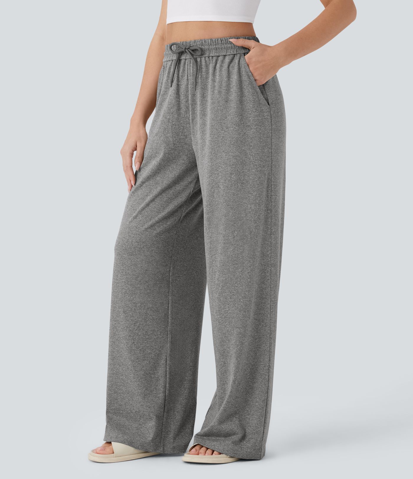 Pantalon large décontracté taille haute avec cordon de serrage et poches latérales Pantalon large décontracté taille haute avec cordon de serrage et poches latérales