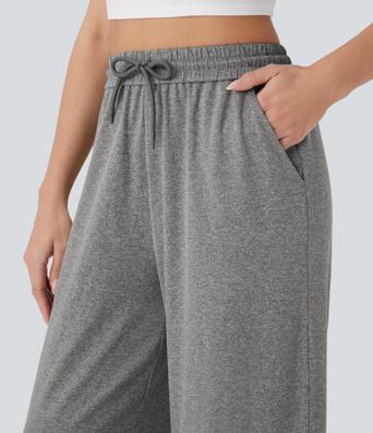 Pantalon large décontracté taille haute avec cordon de serrage et poches latérales Pantalon large décontracté taille haute avec cordon de serrage et poches latérales