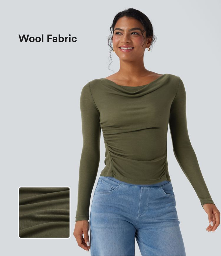 Cowl Neck Long Sleeve Ruched Casual Wool Top