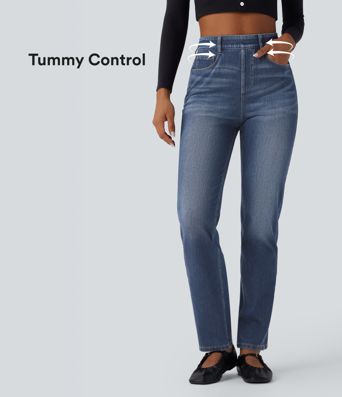Halara Flex™ High Waist Bauchkontroll-Jeans in gewaschener, lässiger Slim-Passform mit Taschen