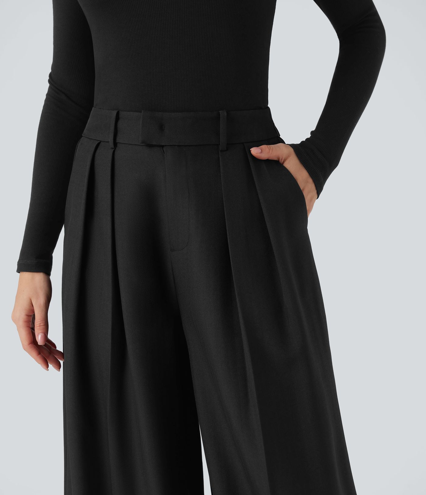 Pantalones de Trabajo Anchos de Cintura Alta con Bolsillos, Efecto Lino y Antiarrugas