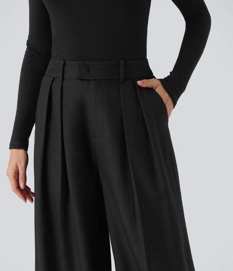 Pantalones de Trabajo Anchos de Cintura Alta con Bolsillos, Efecto Lino y Antiarrugas