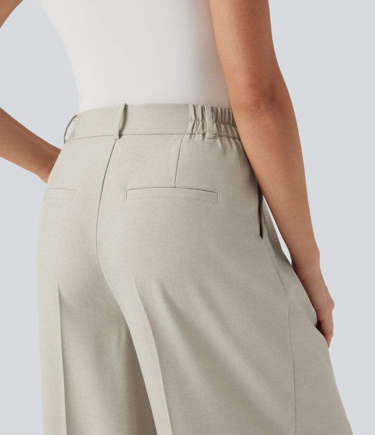 High Waisted Wide Leg Work Linen-Feel Trousers with Pockets