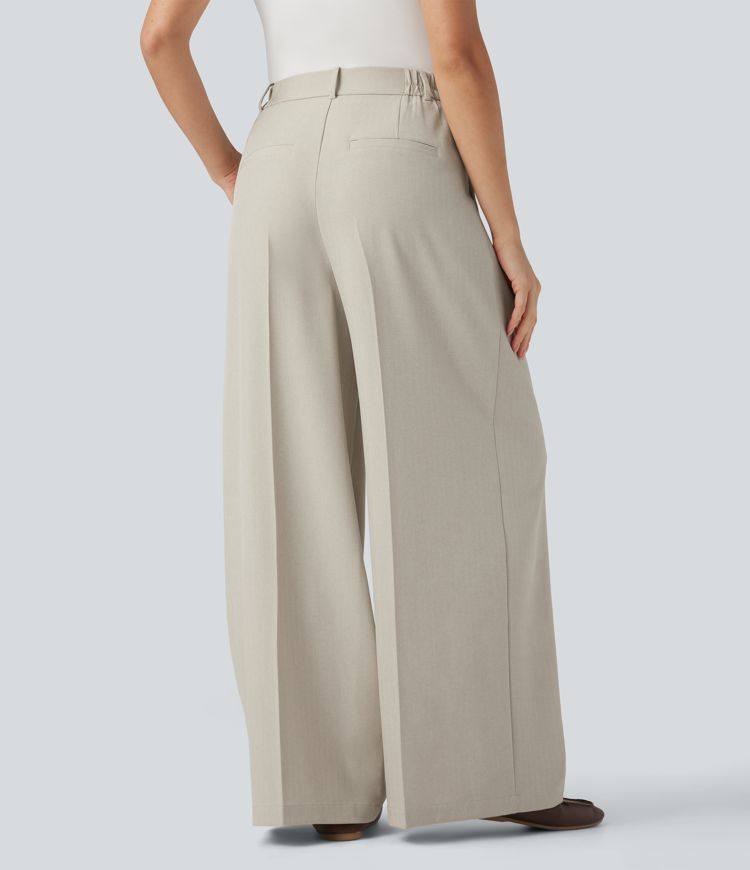High Waisted Wide Leg Work Linen-Feel Trousers with Pockets