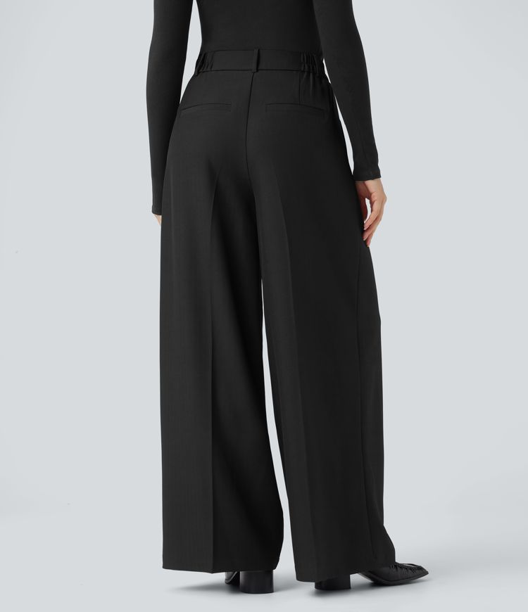 High Waisted Wide Leg Work Linen-Feel Pants with Pockets