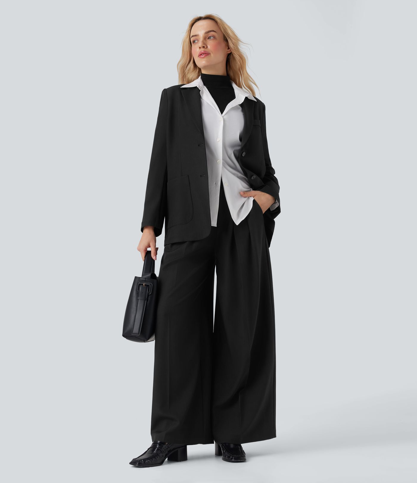 Pantalones de Trabajo Anchos de Cintura Alta con Bolsillos, Efecto Lino y Antiarrugas