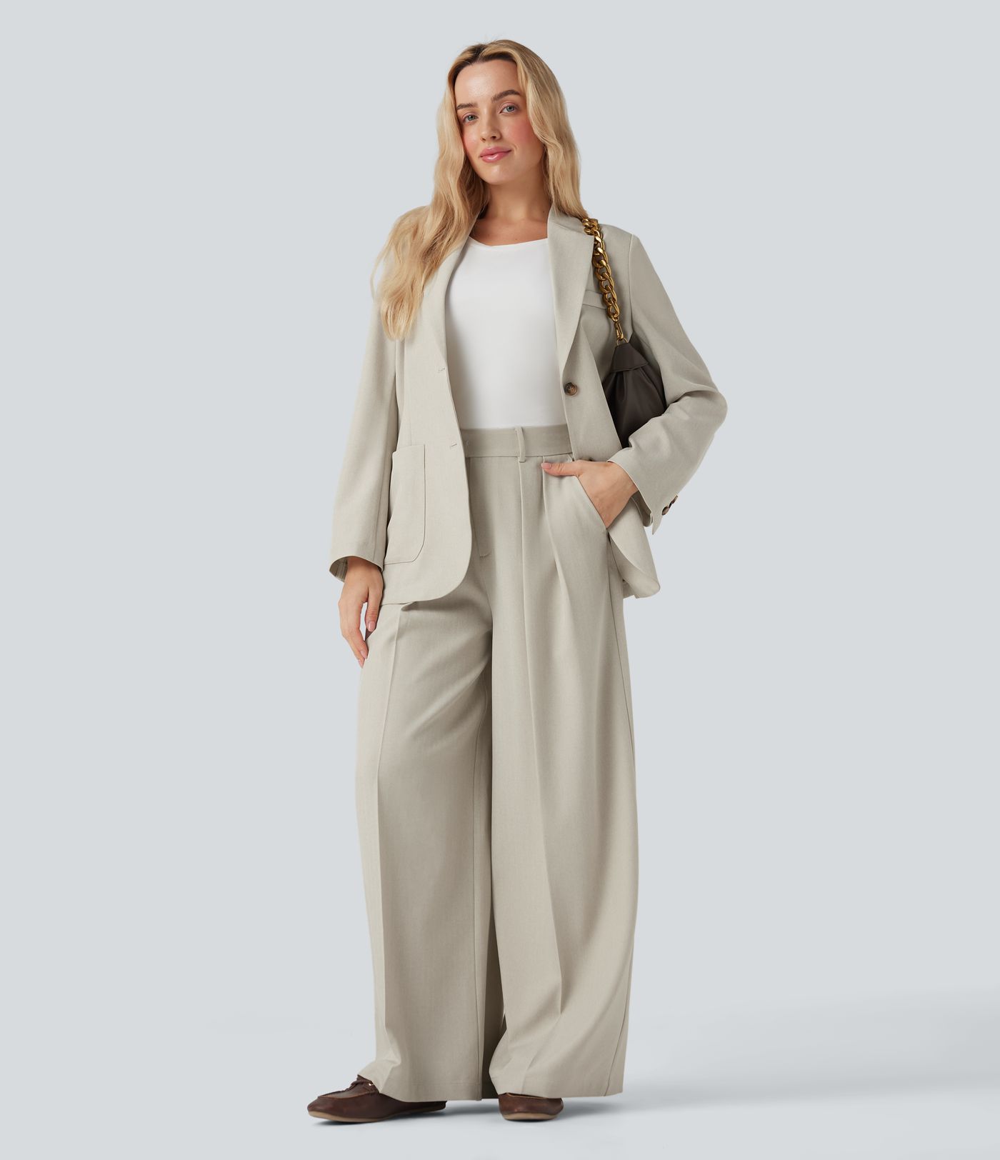 High Waisted Wide Leg Work Linen-Feel Trousers with Pockets