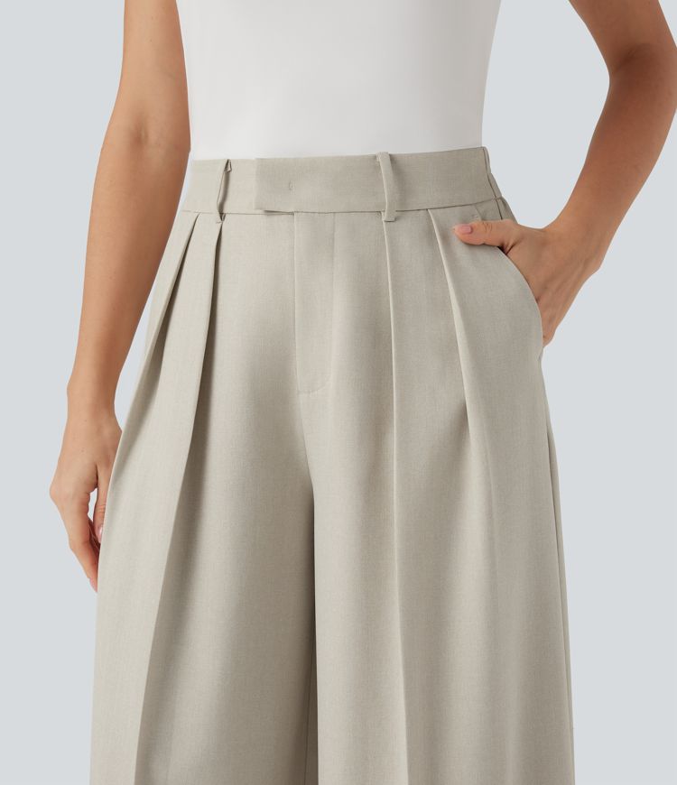 High Waisted Wide Leg Work Linen-Feel Trousers with Pockets